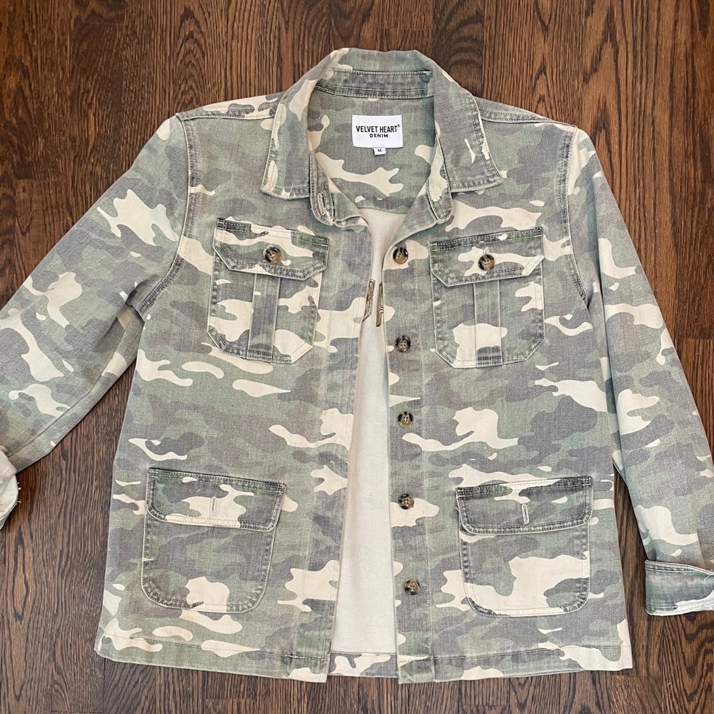 Velvet Hearts Custom Stitch Denim Camo Jacket